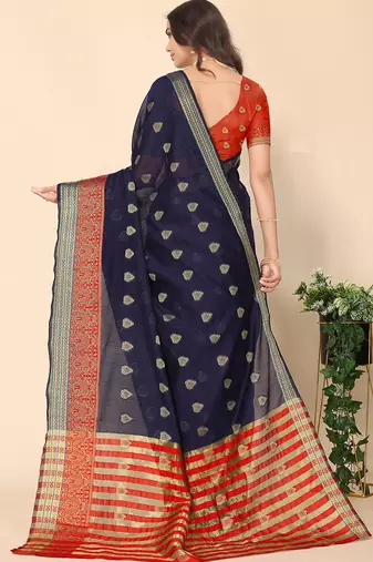 Navy Blue and Red Banarasi Art Silk Saree with Zari Work