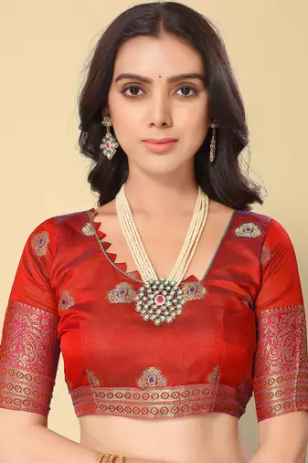Navy Blue and Red Banarasi Art Silk Saree with Zari Work
