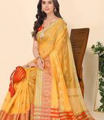 Yellow Jacquard Cotton Blend Woven Maheshwari Saree With Blouse Piece