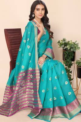 Aqua Blue Jacquard Cotton Blend Woven Maheshwari Saree With Blouse Piece 1