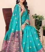 Aqua Blue Jacquard Cotton Blend Woven Maheshwari Saree With Blouse Piece