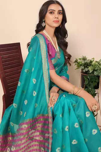 Aqua Blue Jacquard Cotton Blend Woven Maheshwari Saree With Blouse Piece
