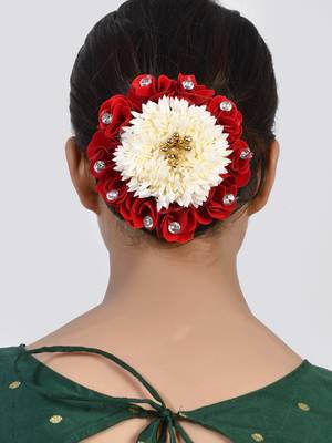 Red white floral juda bun cover hair accessory set 2