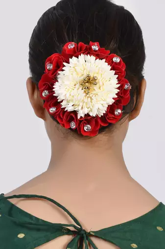 Red white floral juda bun cover hair accessory set