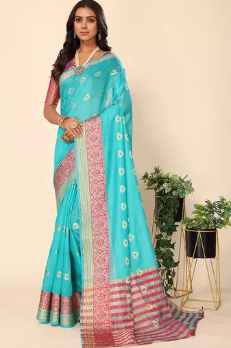 Aqua Blue Jacquard Cotton Blend Woven Maheshwari Saree With Blouse Piece