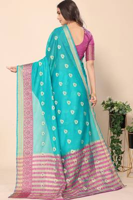 Aqua Blue Jacquard Cotton Blend Woven Maheshwari Saree With Blouse Piece 4