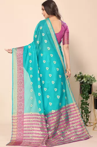 Aqua Blue Jacquard Cotton Blend Woven Maheshwari Saree With Blouse Piece