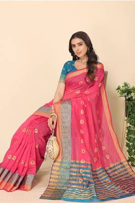 Pink Jacquard Cotton Blend Golden Zari Butta Butti Woven Maheshwari Saree With Blouse Piece 1
