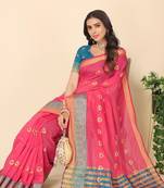 Pink Jacquard Cotton Blend Golden Zari Butta Butti Woven Maheshwari Saree With Blouse Piece