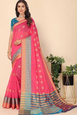 Pink Jacquard Cotton Blend Golden Zari Butta Butti Woven Maheshwari Saree With Blouse Piece 3