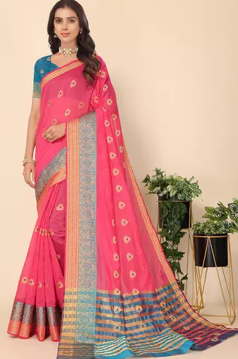Pink Jacquard Cotton Blend Golden Zari Butta Butti Woven Maheshwari Saree With Blouse Piece