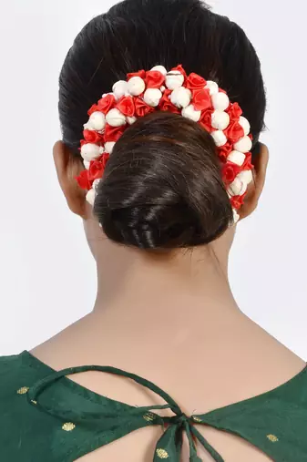 Red floral and white mogra veni hair accessory