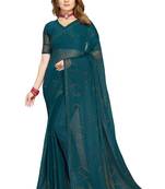 Teal siroski stone work simmer silk saree with blouse