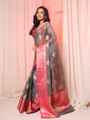Dark Grey Organza saree with pink border and pallu 1