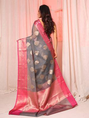 Dark Grey Organza saree with pink border and pallu 2
