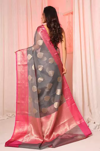 Dark Grey Organza saree with pink border and pallu