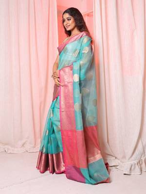Sea Green Organza saree with Pink border and Pallu 1