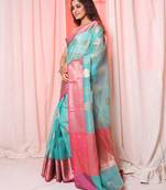 Sea Green Organza saree with Pink border and Pallu