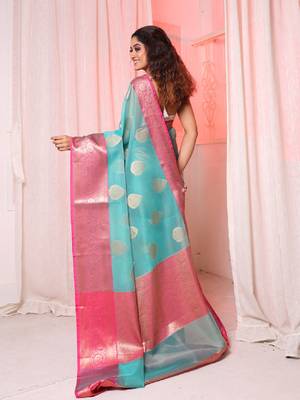 Sea Green Organza saree with Pink border and Pallu 2