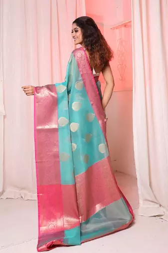 Sea Green Organza saree with Pink border and Pallu
