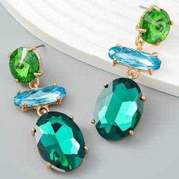 Crystal water drop dangle earrings for women and girls green rhinestone geometric statement earrings alloy 1