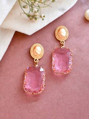 Trendy pink crystal geometric gold plated alloy rhinestone geometric drop dangle earrings for women 2
