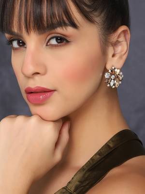 Floral radiance gold and white stone stud earrings silver-plated alloy for girls women 1
