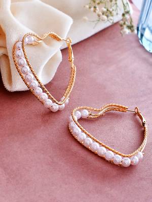 Pearly heart hoops earrings alloy gold plated for women and girls 1