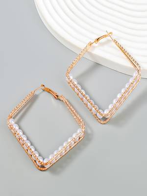 Twist of pearls diamond shaped hoops earrings alloy gold plated for women and girls 1