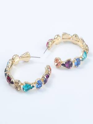 Multi coloured crystal thin big hoops earring gold plated alloy for women & girls 2