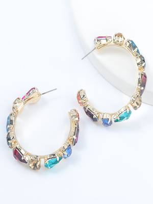 Multi coloured crystal thin big hoops earring gold plated alloy for women & girls 4