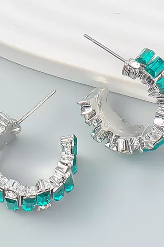 Eternally stylish green crystal half hoop earrings silver plated alloy for women and girls