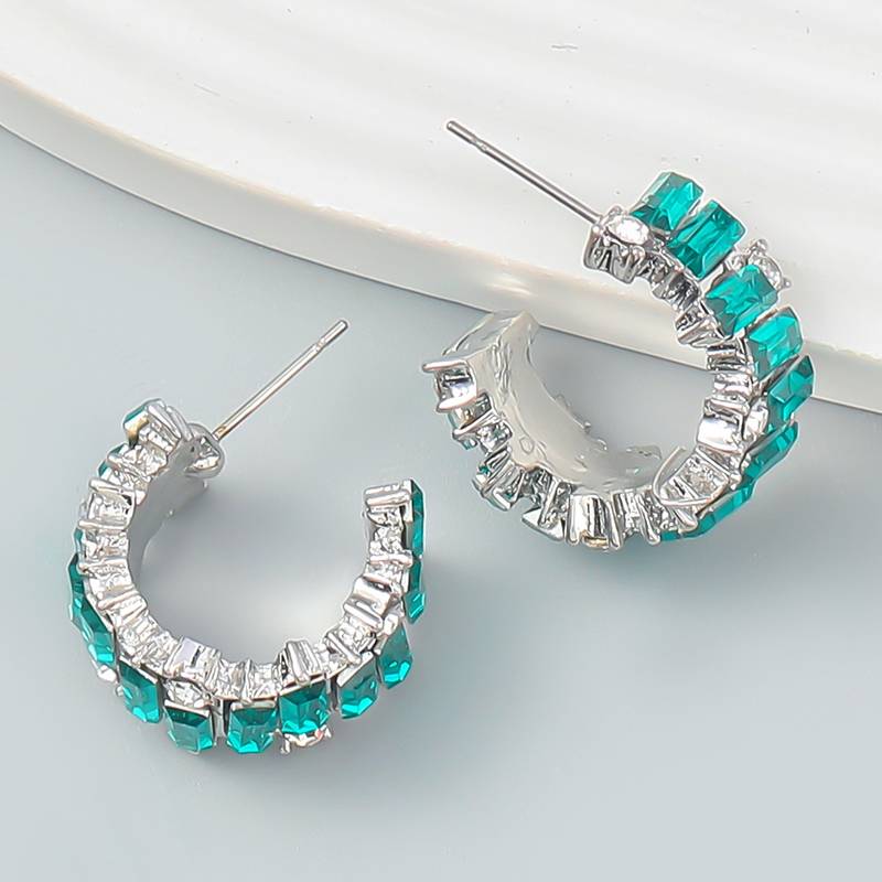 Eternally stylish green crystal half hoop earrings silver plated alloy for women and girls