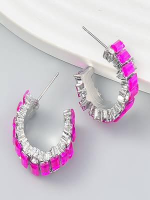 Eternally stylish pink crystal half hoop earrings silver plated alloy for women and girls 1