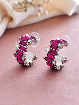 Eternally stylish pink crystal half hoop earrings silver plated alloy for women and girls 2