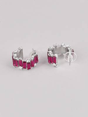 Eternally stylish pink crystal half hoop earrings silver plated alloy for women and girls 4