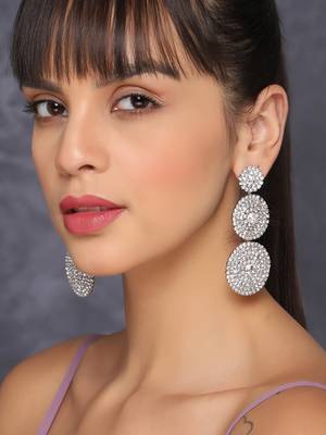 Dazzling concentric round long drop earrings in rhinestones/ silver stone earrings for women and girls 1