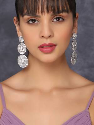Dazzling concentric round long drop earrings in rhinestones/ silver stone earrings for women and girls 2