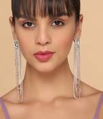 Shimmery gold toned crystal teardrop with u shaped tassel chain western long danglers earrings alloy for women and girls