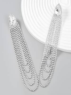 Shimmery silver toned crystal danglers teardrop with u shaped tassel chain long earrings alloy for women and girls 1