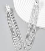 Shimmery silver toned crystal danglers teardrop with u shaped tassel chain long earrings alloy for women and girls