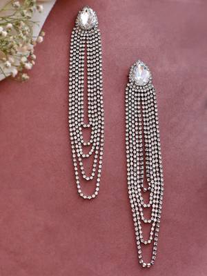 Shimmery silver toned crystal danglers teardrop with u shaped tassel chain long earrings alloy for women and girls 2