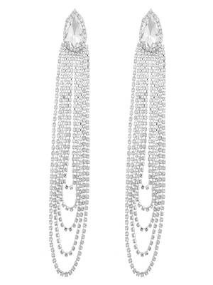 Shimmery silver toned crystal danglers teardrop with u shaped tassel chain long earrings alloy for women and girls 3