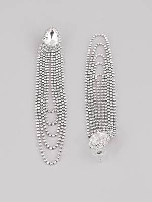 Shimmery silver toned crystal danglers teardrop with u shaped tassel chain long earrings alloy for women and girls 4