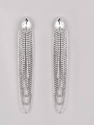 Shimmery silver toned crystal danglers teardrop with u shaped tassel chain long earrings alloy for women and girls 5