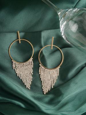 Shimmery gold toned crystal danglers ring design big danglers western long danglers earrings alloy for women and girls 2