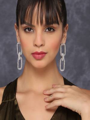 Sleek and elegant silver rectangle link chain drop earrings | western long danglers earrings alloy for women and girls 1