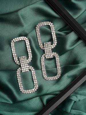 Sleek and elegant silver rectangle link chain drop earrings | western long danglers earrings alloy for women and girls 2