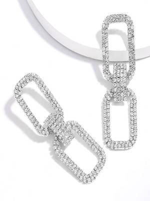 Sleek and elegant silver rectangle link chain drop earrings | western long danglers earrings alloy for women and girls 3