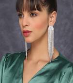 Silver-plated rhinestone shoulder brushing danglers earrings with curved top alternate tassels for girls and women.